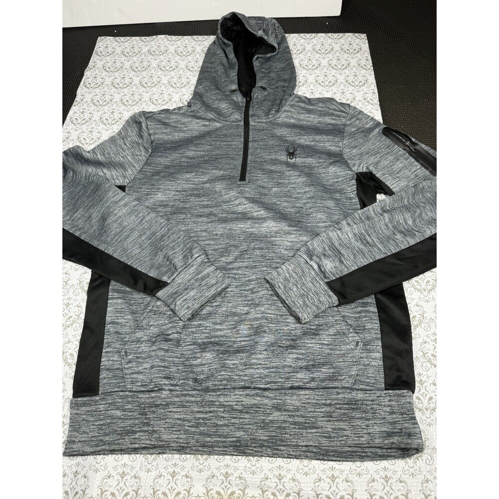 Spyder Active Mens Quarter Zip Hoodie Space Dye‎ Grey Black Fleece Lined Medium